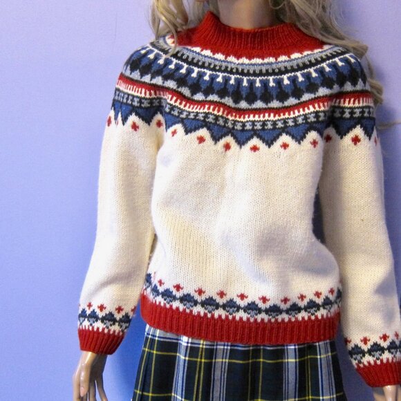 EDDIE BAUER Vintage 100% Wool Ivory Red Blue Knit Fair Isle Retro Sweater - Picture 10 of 10